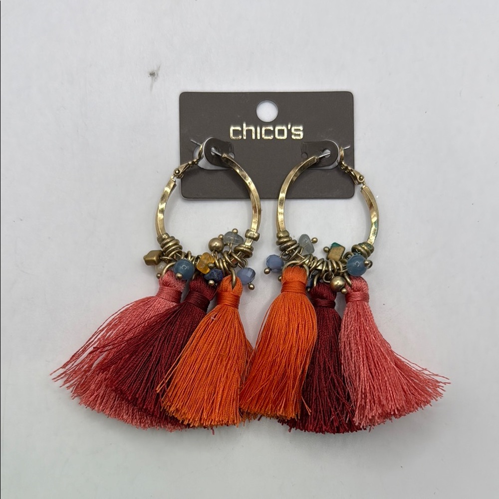 NWT Chicos Multicolor Tassel Hoop Drop Dangle Earrings Boho Hippie Orange Pink - Picture 1 of 8
